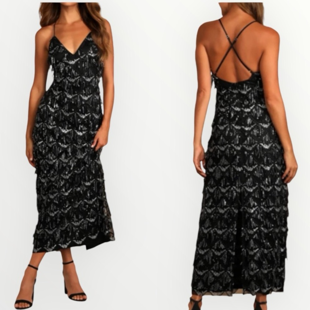 Lulus Marvelous Sequin Fringe Maxi Dress Gown